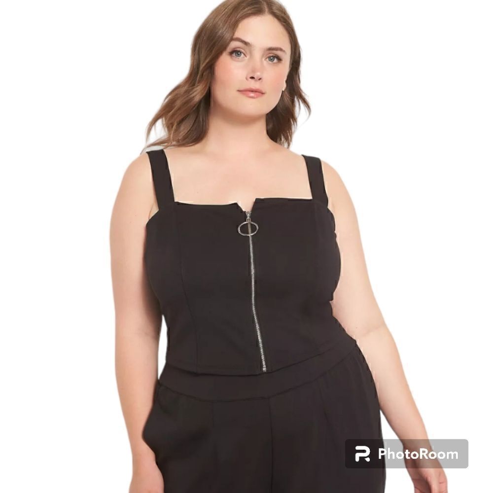 20W Black Lane Bryant Zip Crop Tank Square Neck Stretch Fitted Princess Seams NW